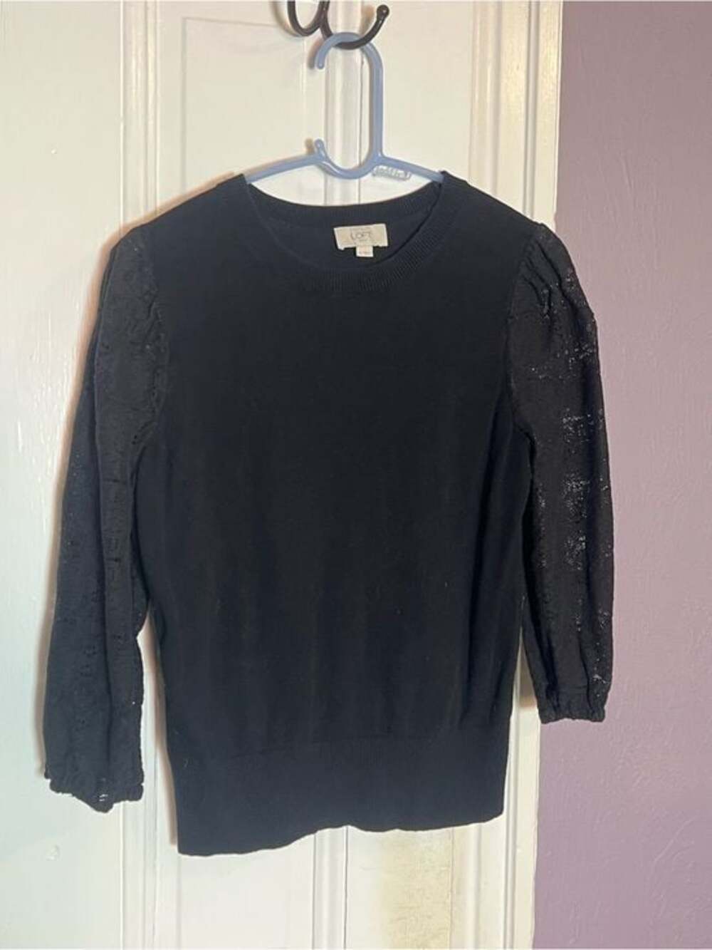 LOFT Black Crewneck Sweater with Lace Puff Sleeves